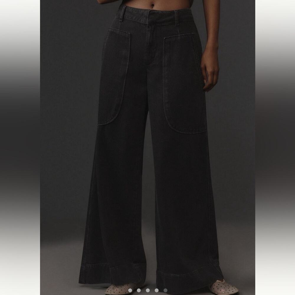 Anthropologie Deep Pocket Wide Leg Pants Black Denim Mid Rise Size 6